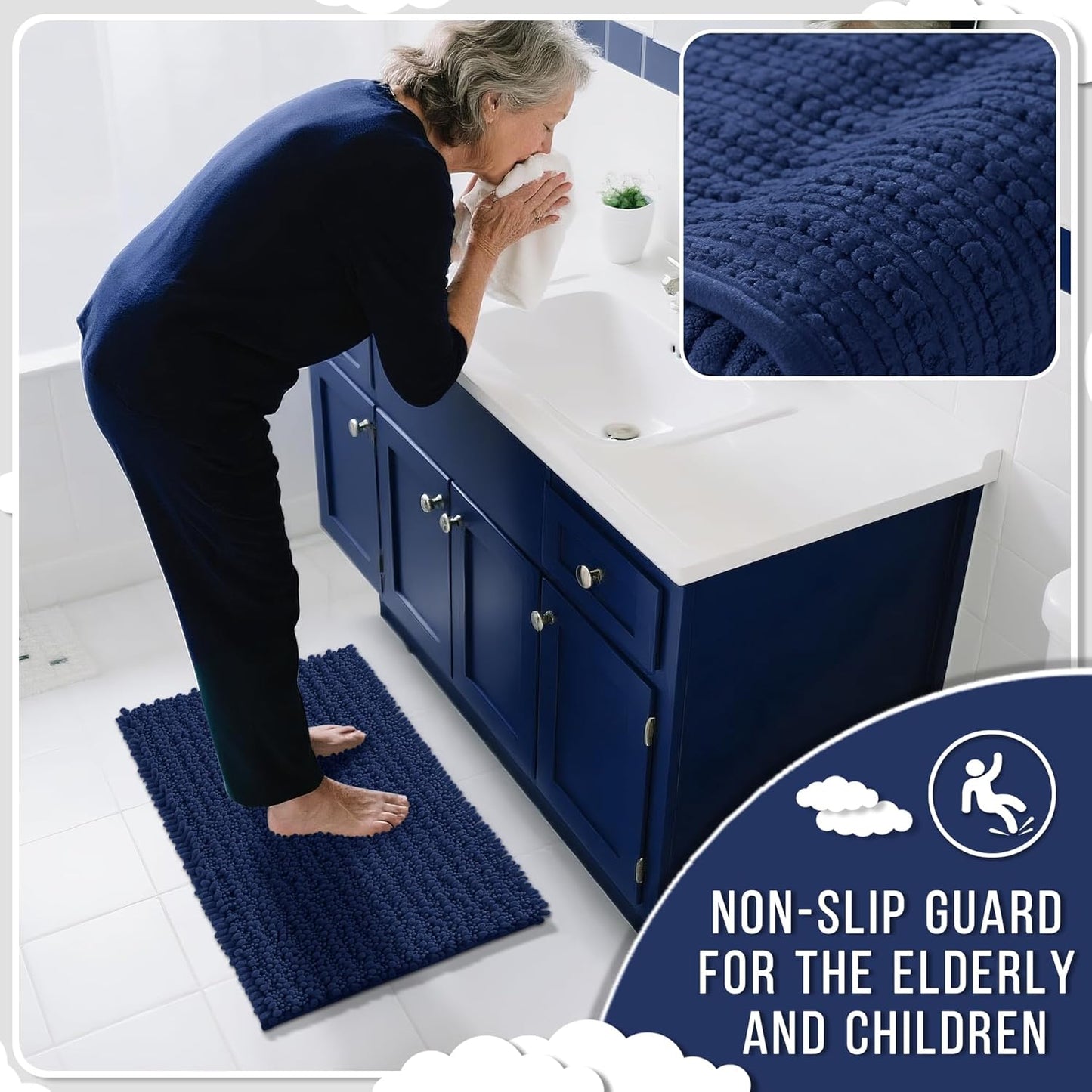 Yimobra Bathroom Rugs Non Slip Washable 24x17 Inch - Ultra Soft Absorbent Chenille Bath Mat, Quick Dry Shaggy Floor Carpet for Tub Shower, Navy Blue Home Decor Accessories