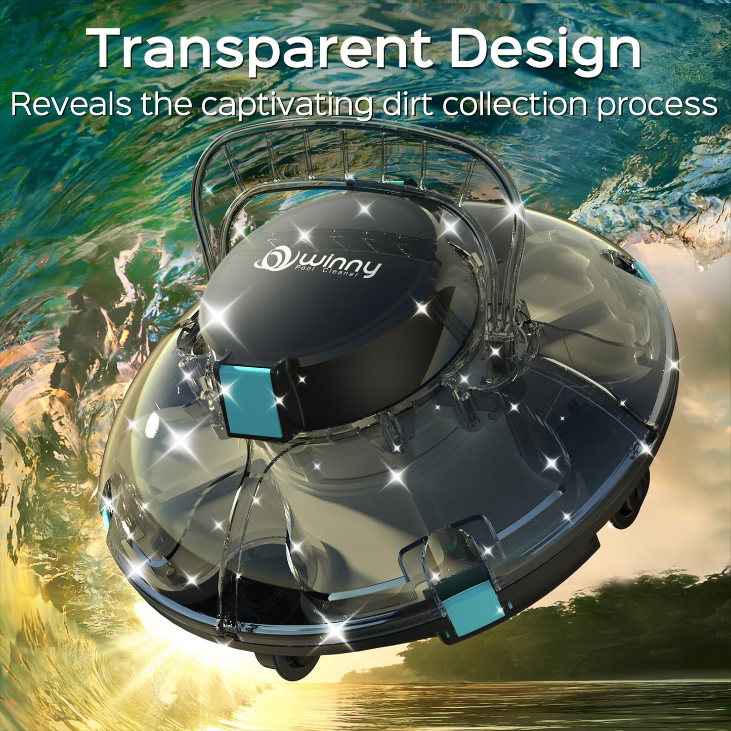 Cordless Robotic Pool Cleaner, Lasts 60 Min, Automatic Vacuum for Above-Ground Pools up to 538 Sq.ft,Portable, Self-Parking,Transparent Black