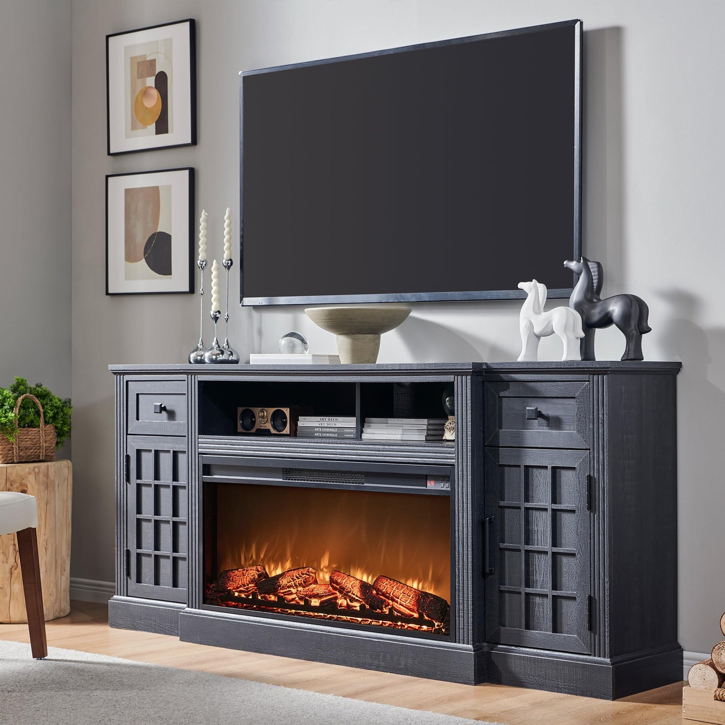 JXQTLINGMU TV Stand with Fireplace for up-to-80 TV, Farmhouse 70" Entertainment Center with 36" Electric Fireplace, TV Console with Grid-Door Cabinets & Drawers for Living Room, Black