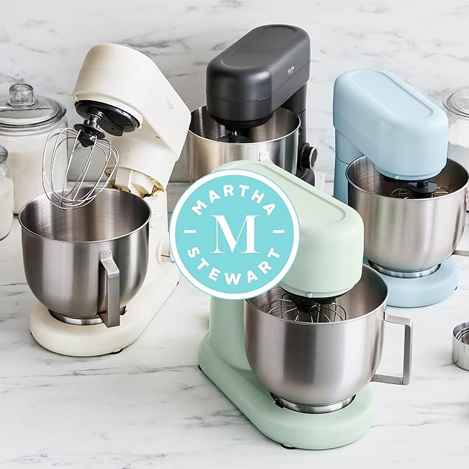 Martha Stewart Tilt-Head Stand Mixer, 12 Speed, 5.3QT Stainless Steel Bowl, Splash Guard with Pour Chute, Whisk, Dough Hook, Flat Beater, Electric Kitchen Baking Mixer, Bread, Cake, Whip, Linen White