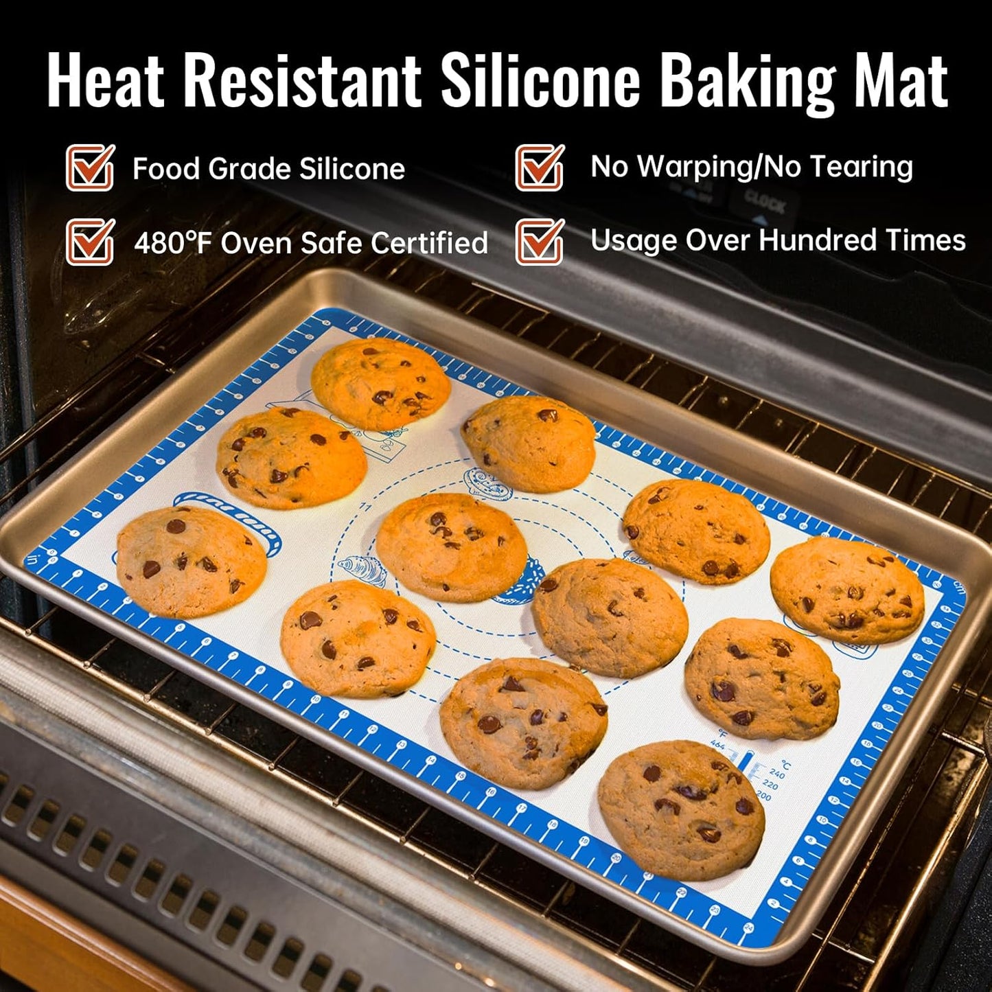 Silicone Baking Mat with 10 Useful Recipes, Silicone Mat for Baking,Cookie, Macaron, Pizza, Surdough,Silicone Sheet for Dough Rolling out, ExtraLarge and 480ยฐF Oven Safe