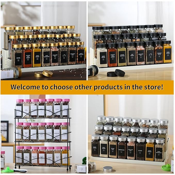 48Pcs Spice Jars Containers with Labels,4oz Black Seasoning Bottles with Shaker Lids for Rack, Cabinet, Drawer,Empty Square Condiment Pots (48, Black)