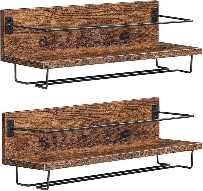 HOOBRO Wall Mounted Wine Rack 2 Pack, Wine Shelf Hanging Floating Wall Shelves, Wine Glass Bottle Rack Stemware Holder, for Living Room, Dining Room, Kitchen, Rustic Brown and Black BF28BJ01