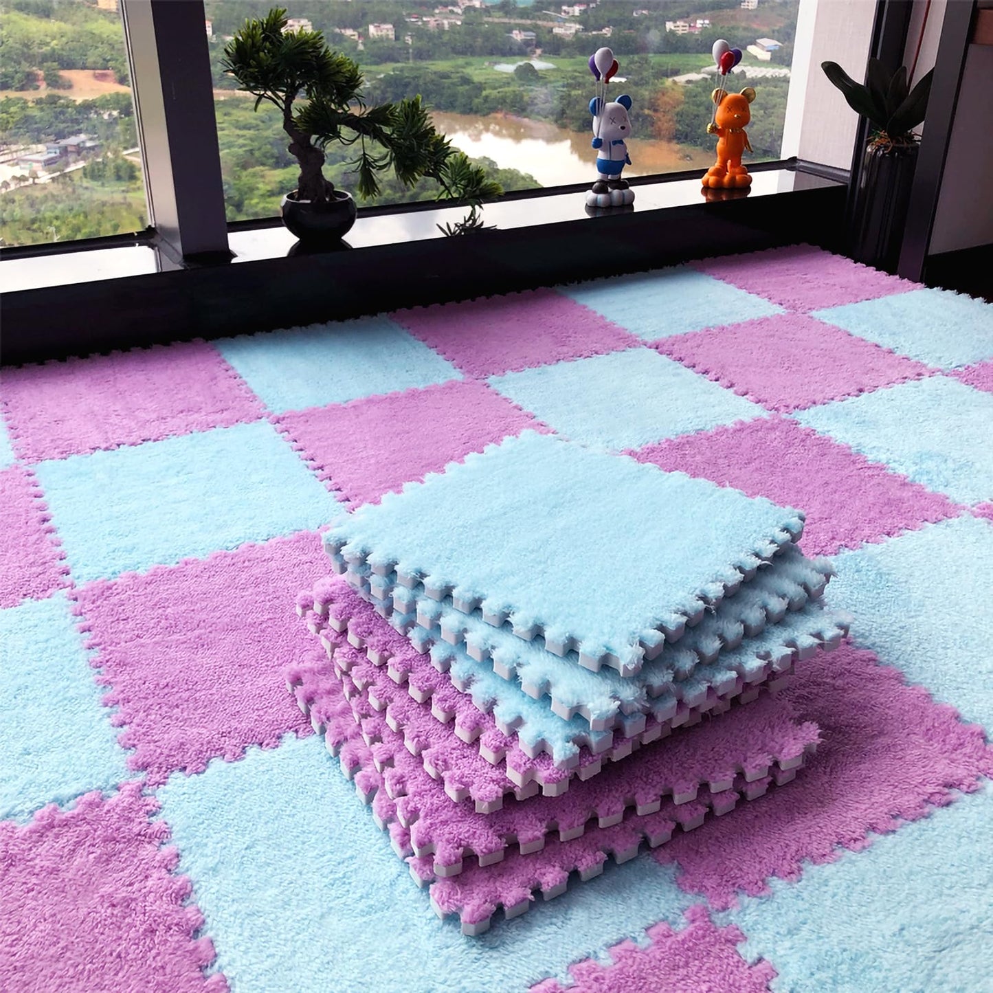 easycustomerlee 12pcs Interlocking Carpet Shaggy Soft EVA Foam Mats Fluffy Rugs Protective Floor Tiles Play Mats for Children Kids Room Home Parlor Bedroom(Lightblue)