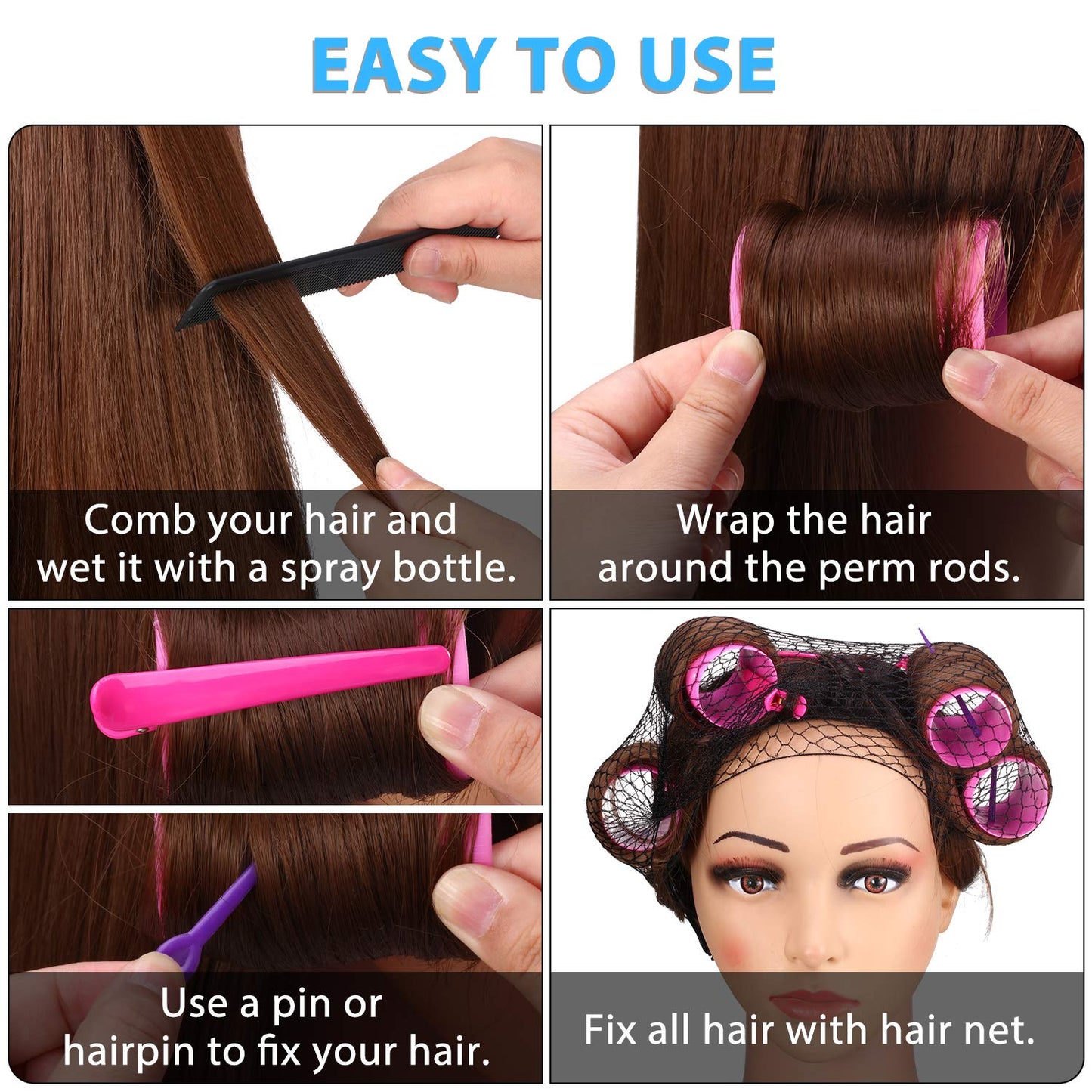 141 Pieces Hair Rollers Set Include 60 Plastic Hair Rollers (Multicolor,6 Size)