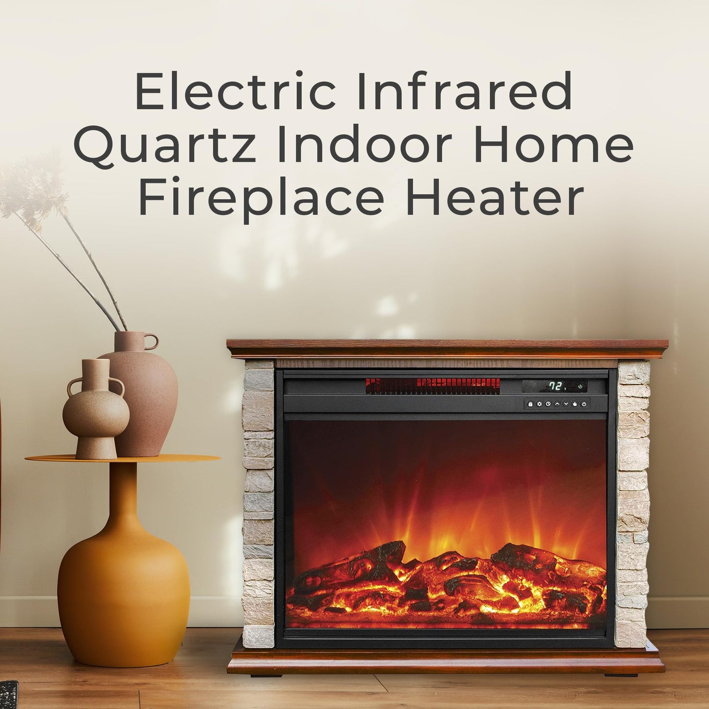 LifeSmart Electric Fireplace Heater w/ 3 Heating Elements, 1500W, Faux Stone & Oak Wood - Mounted Indoor Infrared Heater for Home, Bedroom, and Living Room