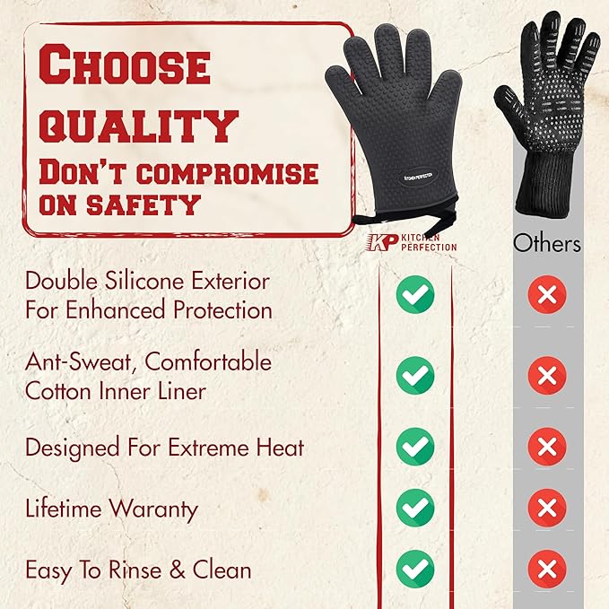 KITCHEN PERFECTION XL Silicone Oven & Griddle Gloves -Extreme Heat Resistant BBQ & Grilling Gloves -Handle Hot Food Right on Your Griddle |Waterproof Oven Mitts Grill Gloves |Superior Set+3 Bonuses
