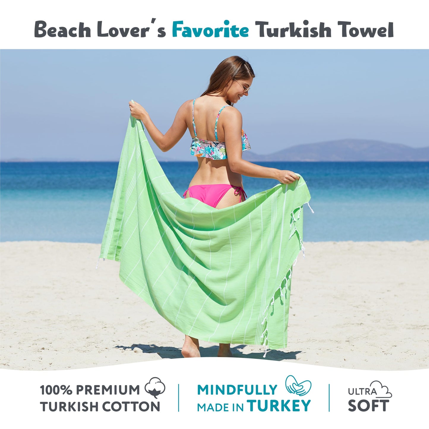 WETCAT Turkish Beach Towel Oversized 38x71 100% Cotton Sand Free Quick Dry Extra Large Light Travel Towel for Adults Beach Accessories Gifts - Lime Green