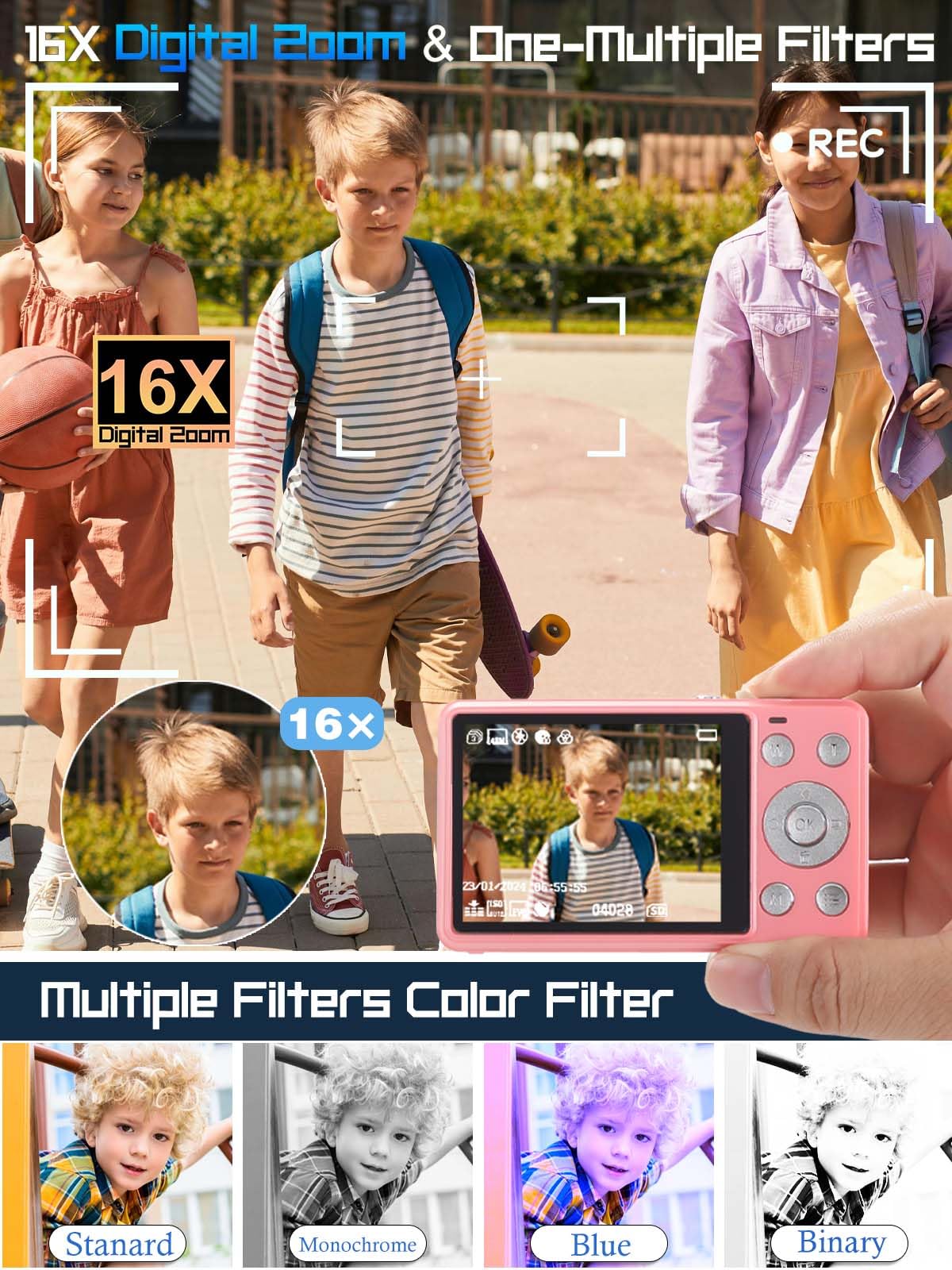 AIRSMIL Digital Camera 4K 64MP 18X Zoom Compact Vlogging Camera with 2.8 inch Screen, 64GB microSD Card 1500mAh Battery HD Digital Video Camera for Boys, Girls, Teens, and Beginners(4K Camera Pink)