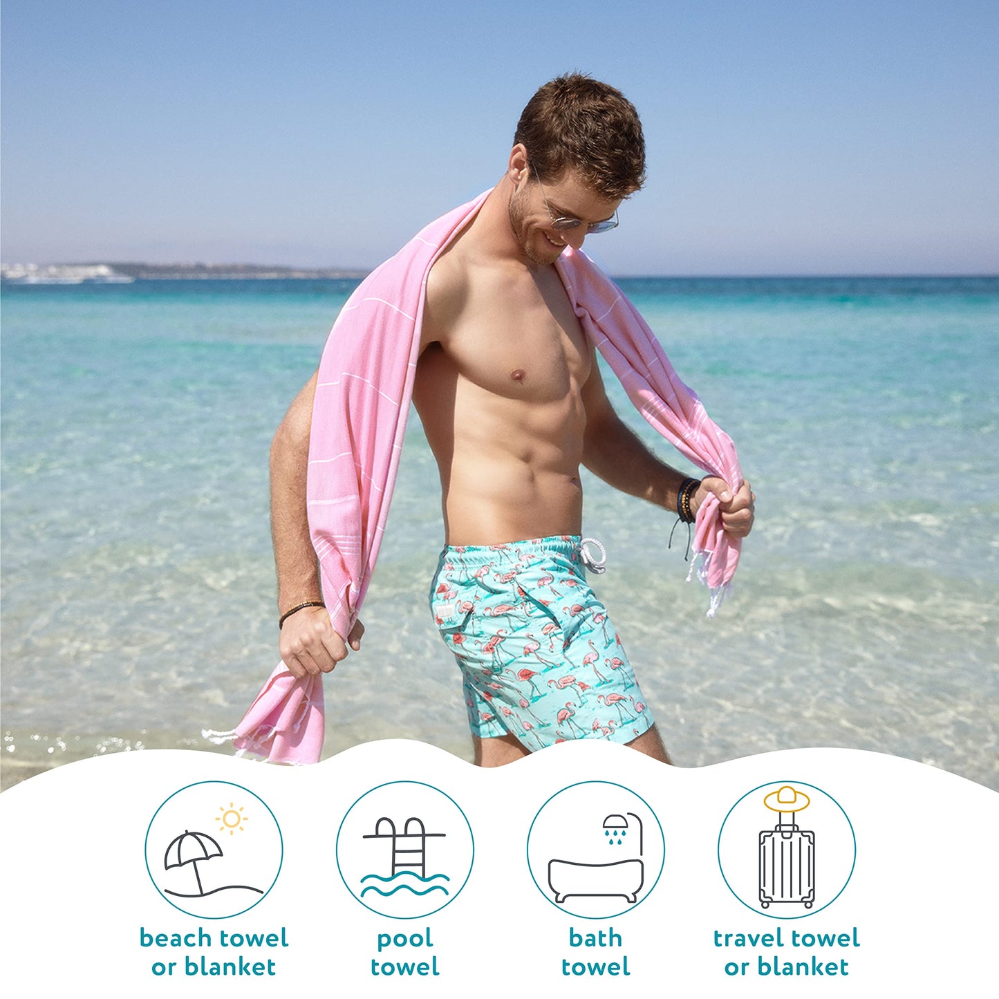 WETCAT Turkish Beach Towel Oversized 38x71 100% Cotton Sand Free Quick Dry Extra Large Light Travel Towel for Adults Beach Accessories Gifts - Light Pink