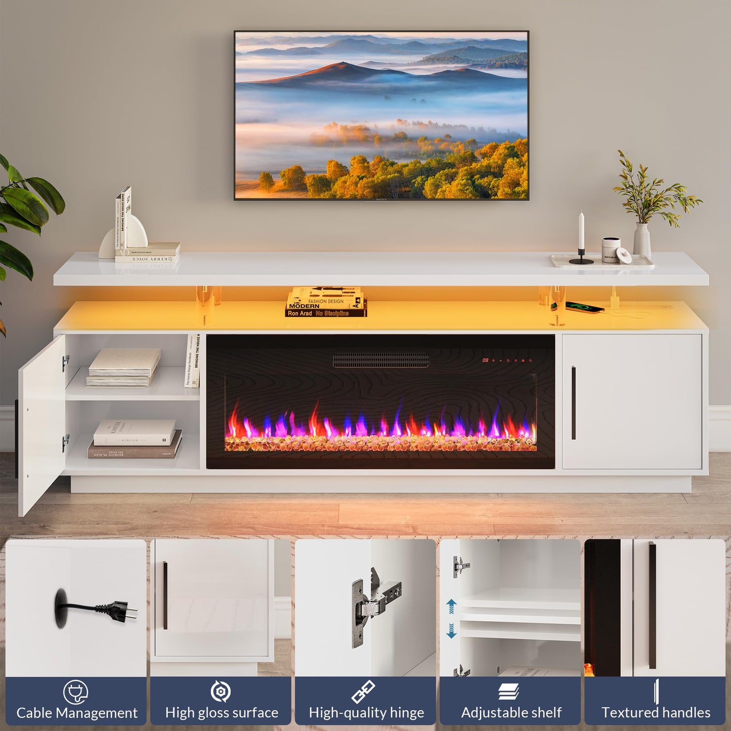 BELLEZE 79" TV Stand for TVs up to 85", LED Light Entertainment Center with 42" Electric Fireplace Heater, Storage Cabinet with USB AC Outlet, Media Console Table for Living Room - Avenue (White)