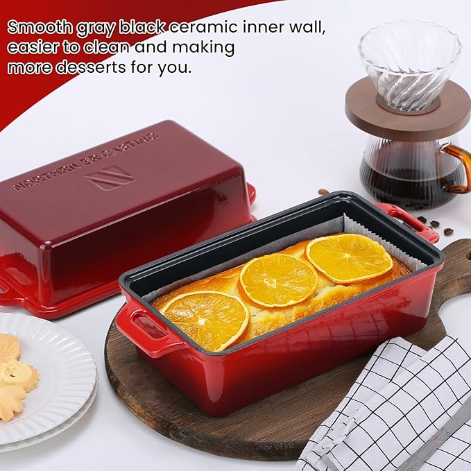 Northriver Casting Enameled Cast Iron Loaf Pan with Lid, Best Bread Oven, Bread Loaf Pans for Baking Homemade Sourdough Bread 9x5, 2 Piece set, Flame