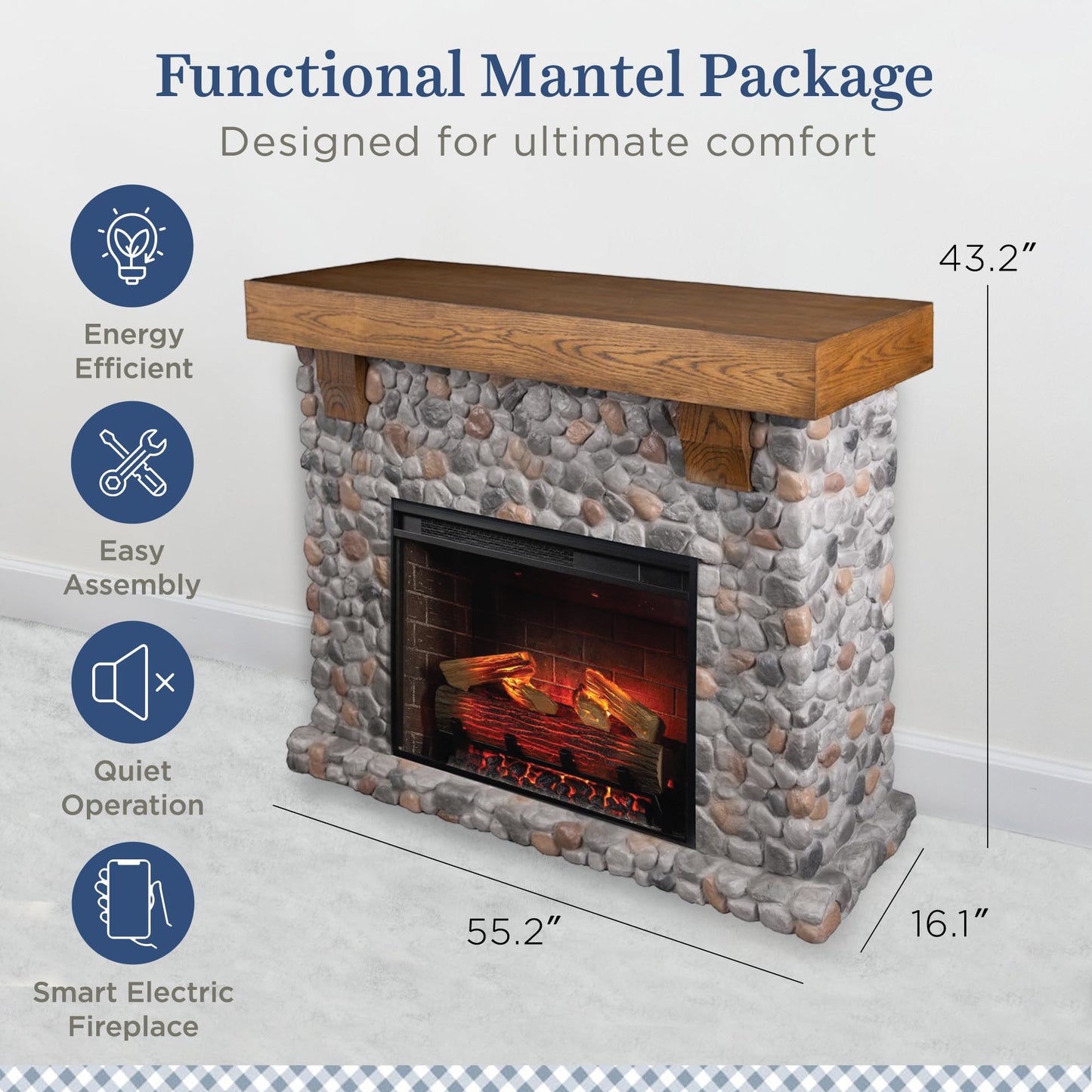 Country Living - Glenbrook Fireplace Mantel Package, 28ā, Alexa/WiFi Enabled Fireplace Insert, Cast Stone River Rock Surround, 1500W