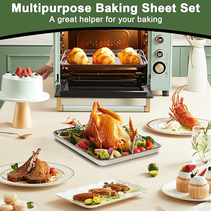 Baking Sheet Tray Cooling Rack with Silicone Baking Mat Set, Stainless Steel Cookie Pan For Oven, Set of 9 (3 Sheets + 3 Racks + 3 Mats), Warp Resistant & Heavy Duty & Easy Clean, Red