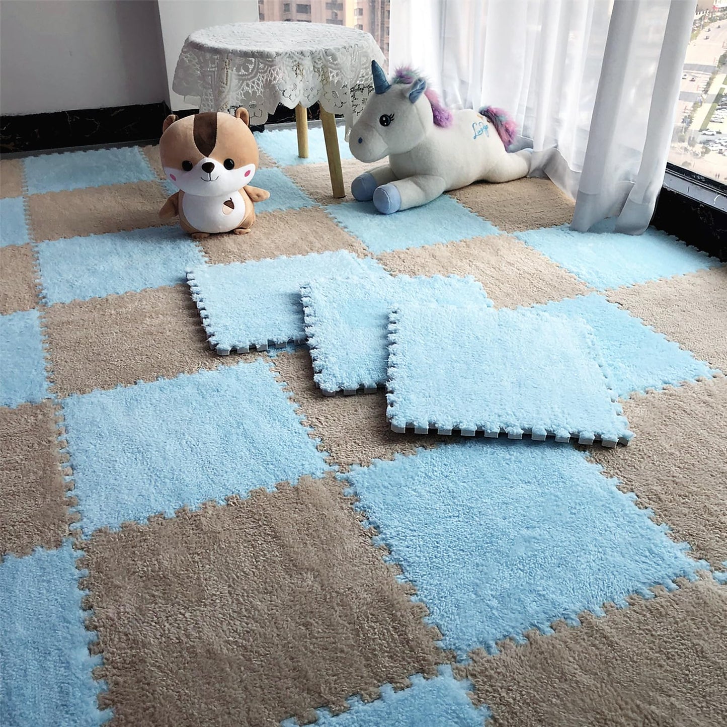 easycustomerlee 12pcs Interlocking Carpet Shaggy Soft EVA Foam Mats Fluffy Rugs Protective Floor Tiles Play Mats for Children Kids Room Home Parlor Bedroom(Lightblue)