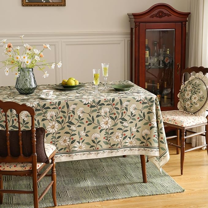 ISAENNE Designer Green Linen Small Rectangular Tablecloth,Floral French Country Indoor Table Cloth,Stain Resistant Home Decor Tablecloths for Dining Kitchen Thanksgiving Party,55"*71"-Brune