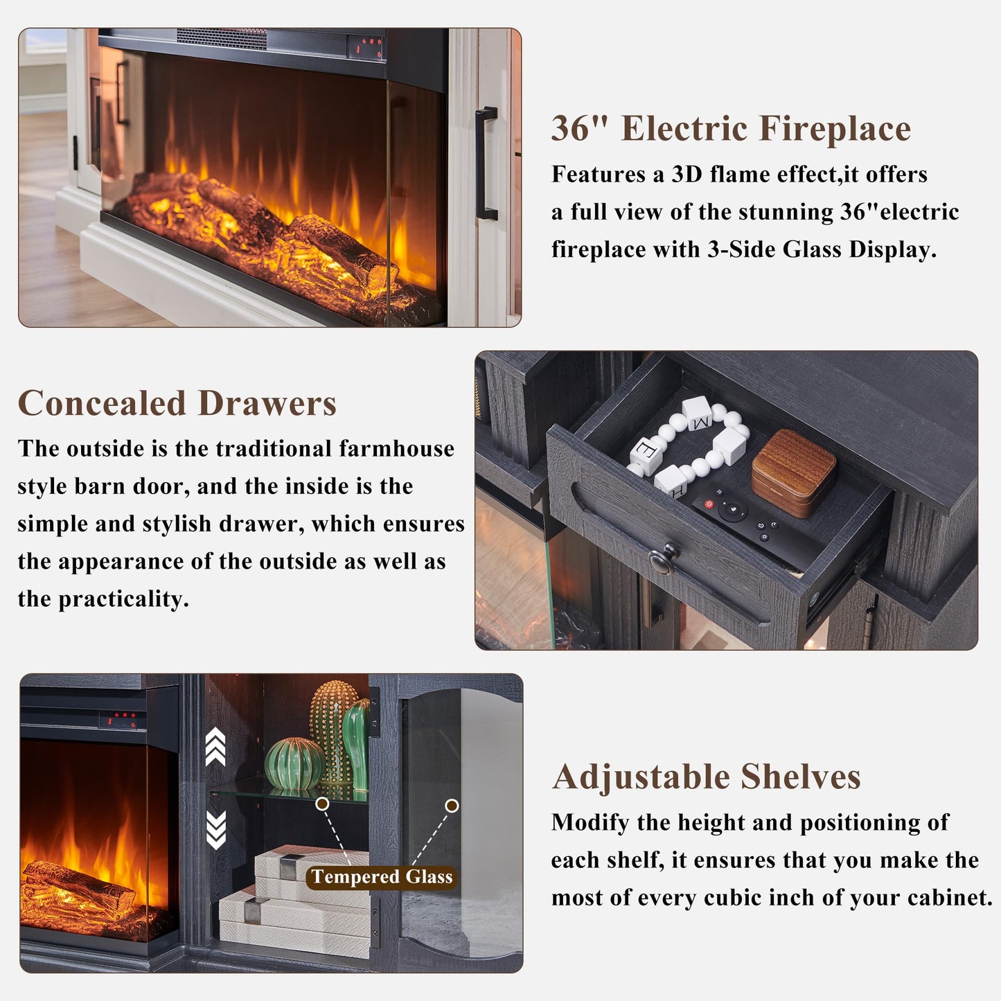 Farmhouse Electric Fireplace TV Stand for TVs up to 80", Entertainment Center with 36" 3-Sided Glass Electric Fireplace & LED Lights, 70-inch TV Console for Living Room, Black