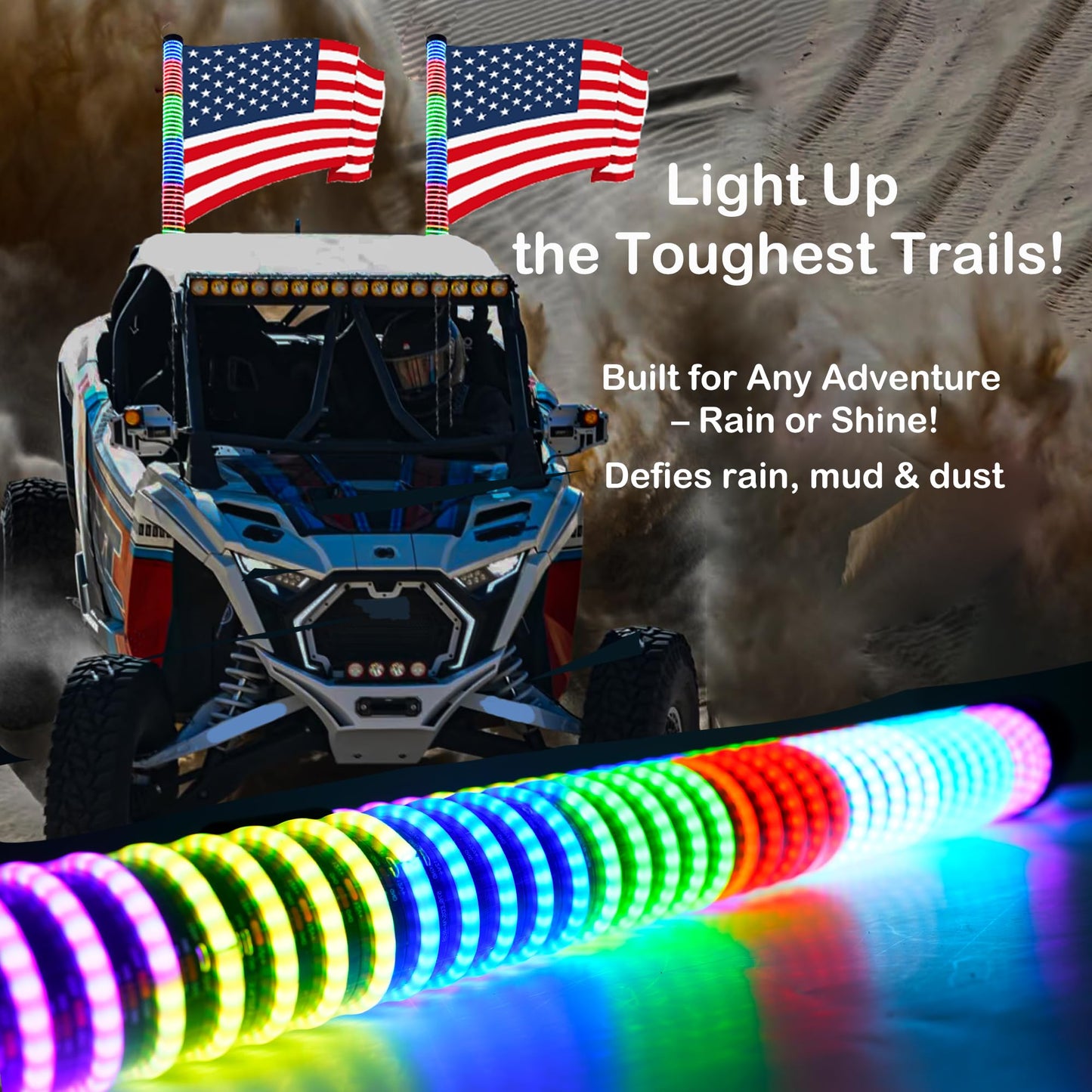 JXOFROAD 2PC COB Fat Whip Lights with Reverse &Turning & Brake light ,Remote & App Smart Control,Spiral RGB Chasing LED for Polaris RZR, Can-Am Maverick X3, Universal Fit for SXS, UTV, ATV, Boat (2FT)