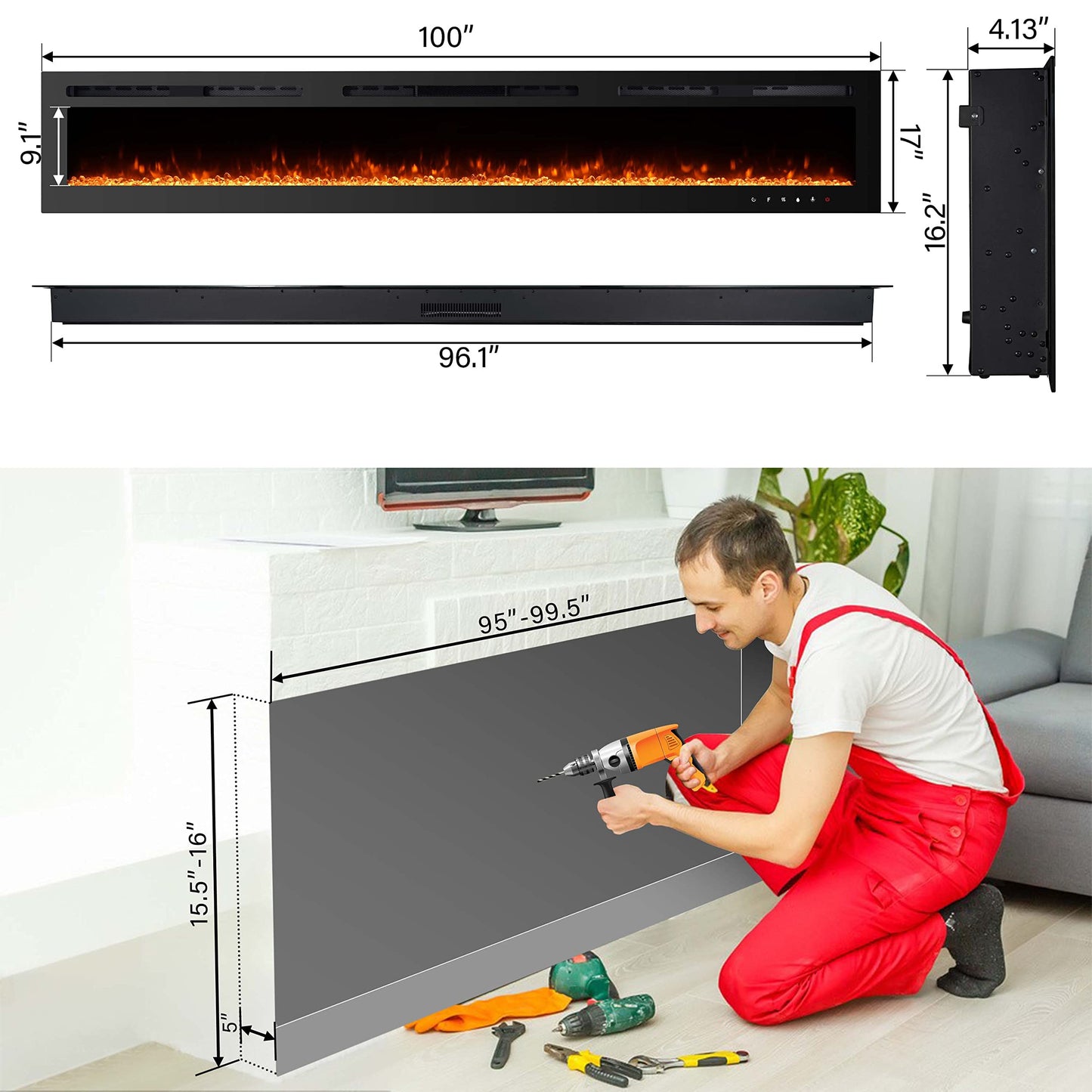 100 inch Electric Fireplace Insert, Wall Mounted, 12 Flame Colors, Remote Control, Timer