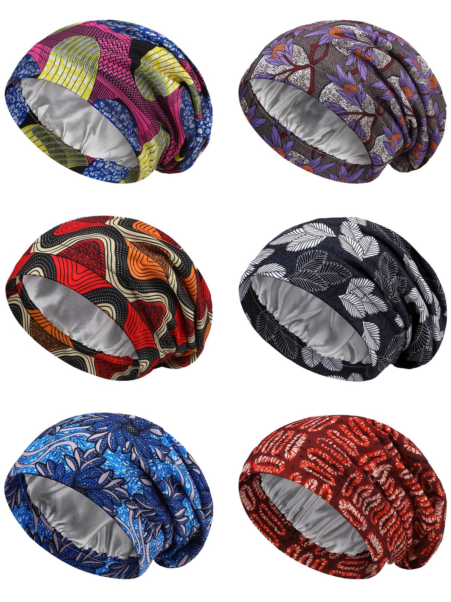 Sintege 6 Pcs Satin Lined Bonnet Sleep Cap for Women Men African Silk Soft Beanie Hair Sleep Wrap for Natural Curly Braids(Floral Patterns)