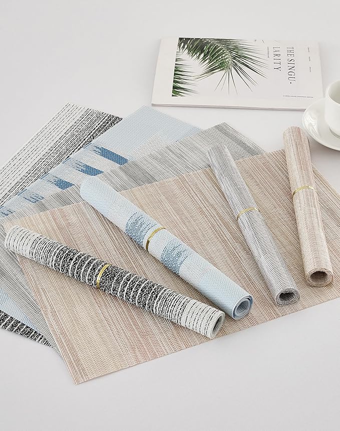 Leetaltree Geometric Print Blue Placemats Set of 6 - Heat Resistant Non-Slip Place mats for Dining Table, Washable Durable PVC Vinyl Woven Table Mats (Geometric Blue, 6)
