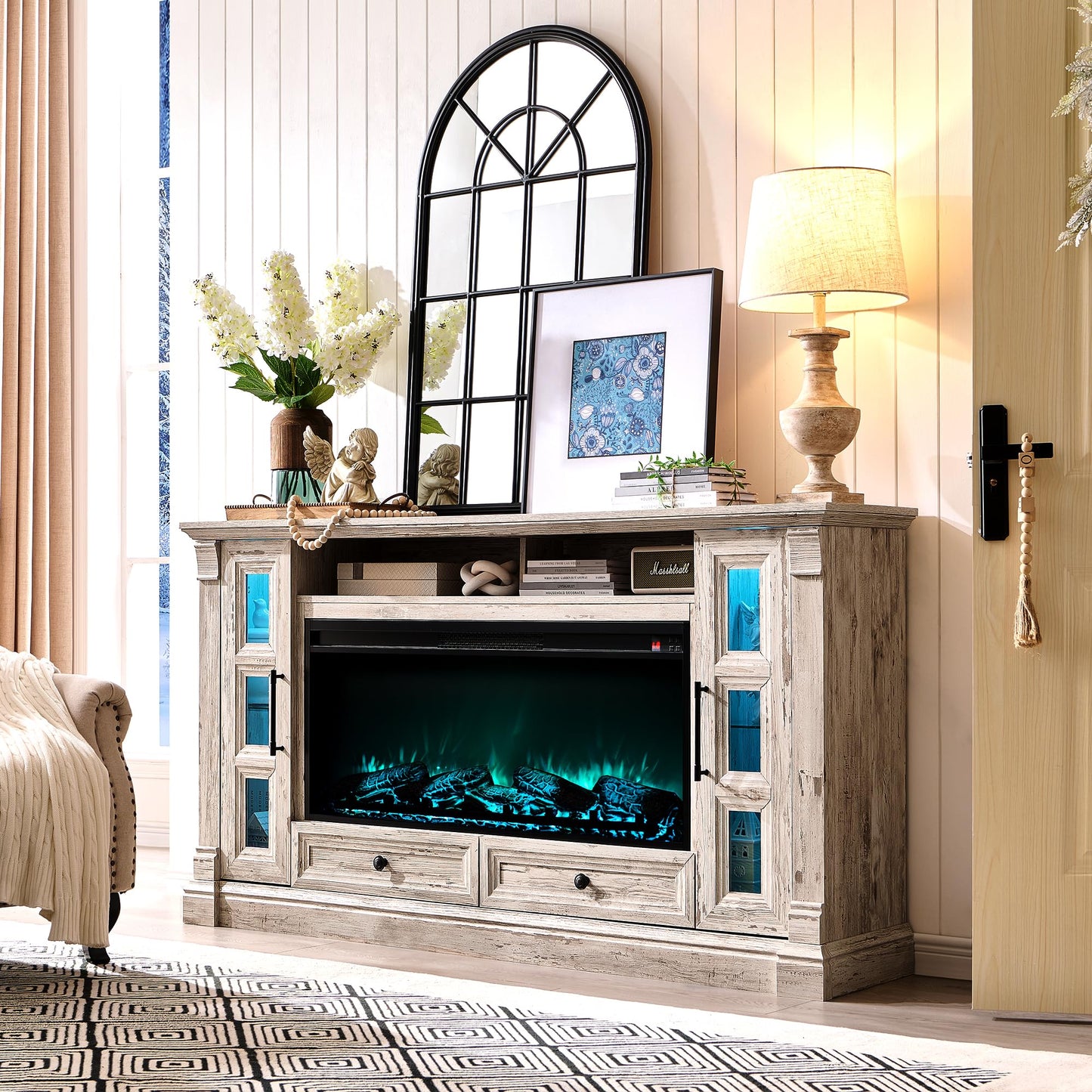 OKD Fireplace TV Stand for up-to-80 TV, Farmhouse 36" Tall Entertainment Center with 42" Electric Fireplace, Media Console with Glass Door Cabinets & Drawers for Living Room, Antique Brush White