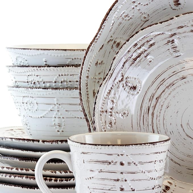 Elama Rustic Birch 16 Piece Embossed Scalloped Stoneware Round Dinnerware Set in White with Brown Accents