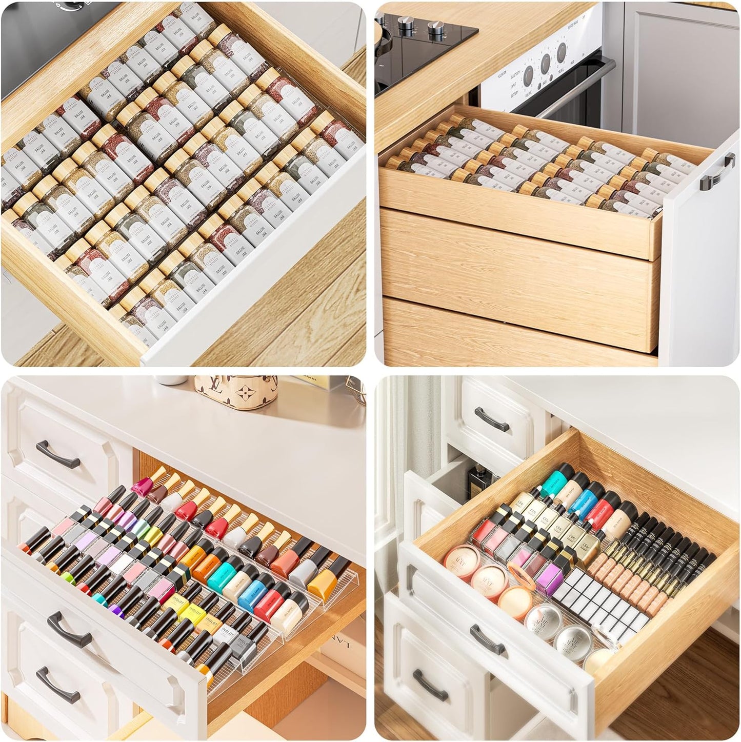 Spice Drawer Organizer, 2 Tier- 2 Pack Clear Acrylic Drawer Seasoning Organizer, Expandable From 11'' to 22'' Kitchen Spice Rack Organizers and Storage for Drawer (Jars not included)