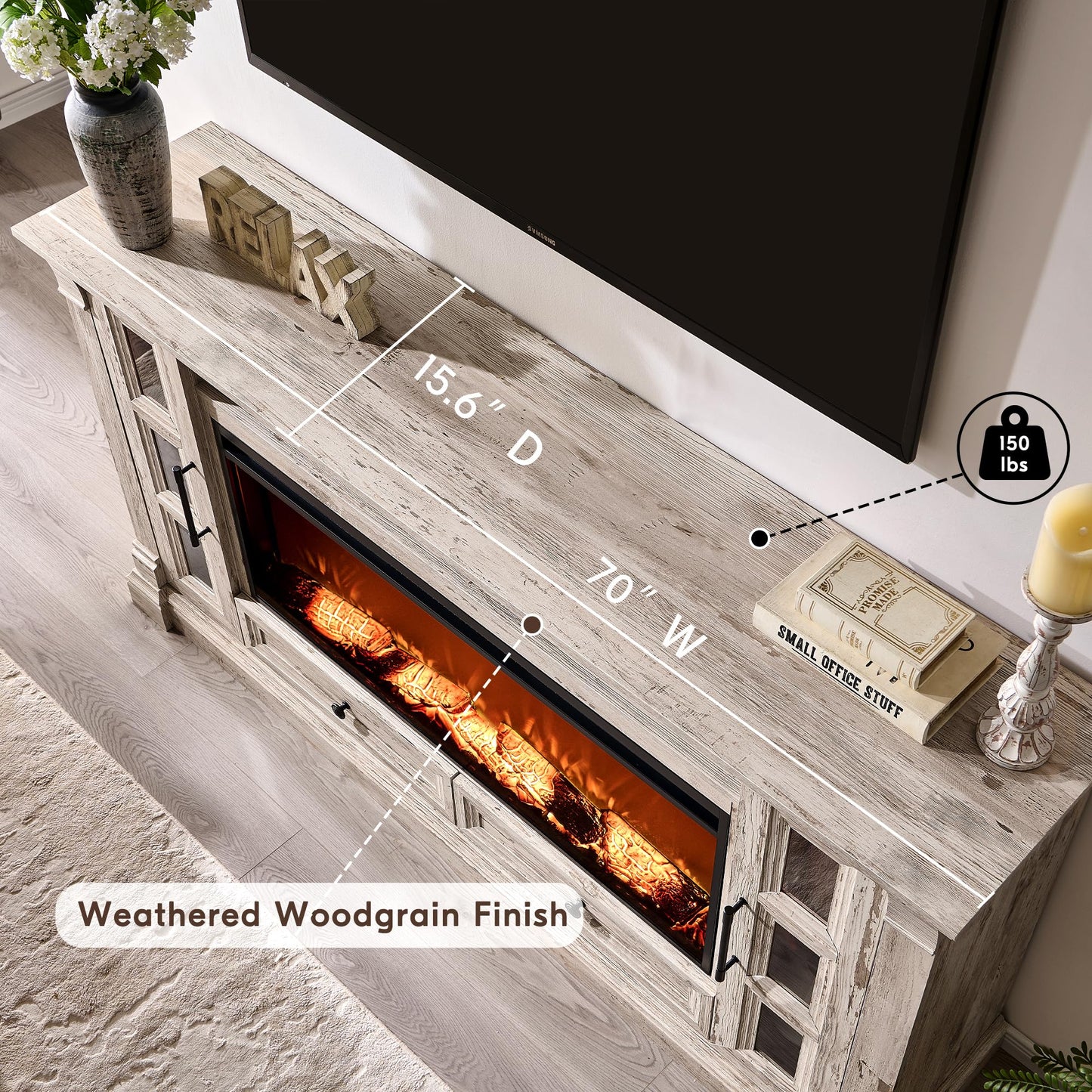 OKD Fireplace TV Stand for up-to-80 TV, Farmhouse 36" Tall Entertainment Center with 42" Electric Fireplace, Media Console with Glass Door Cabinets & Drawers for Living Room, Antique Brush White