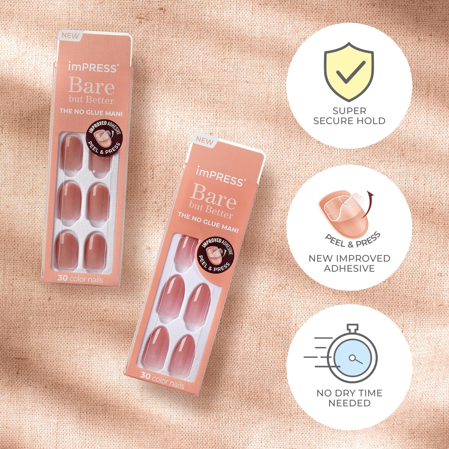 KISS imPRESS No Glue Mani Press-On Nails, Color, 'Instinct', Light Pink, Short Size, Squoval Shape, Includes 30 Nails, Prep Pad, Instructions Sheet, 1 Manicure Stick, 1 Mini File