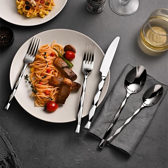 KINGSTONE Silverware Set, Luxury 30 Piece Flatware Set for 6, 18/10 Stainless Steel Cutlery Set with Diamond Cut Pattern for Kitchen, Home, Wedding, Party, Mirror Polished and Dishwasher Safe
