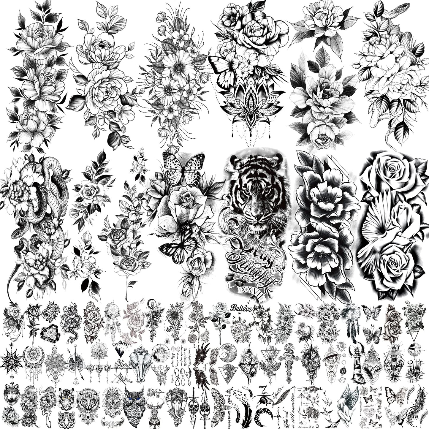 72 Sheets 3D Flowers Temporary Tattoos for Women Adult, Including 12 Sheets Large Fake Tattoos That Look Real and Last Long, Waterproof Rose Moon Butterfly Tiger Snake Tattoos and Flowers Tattoos