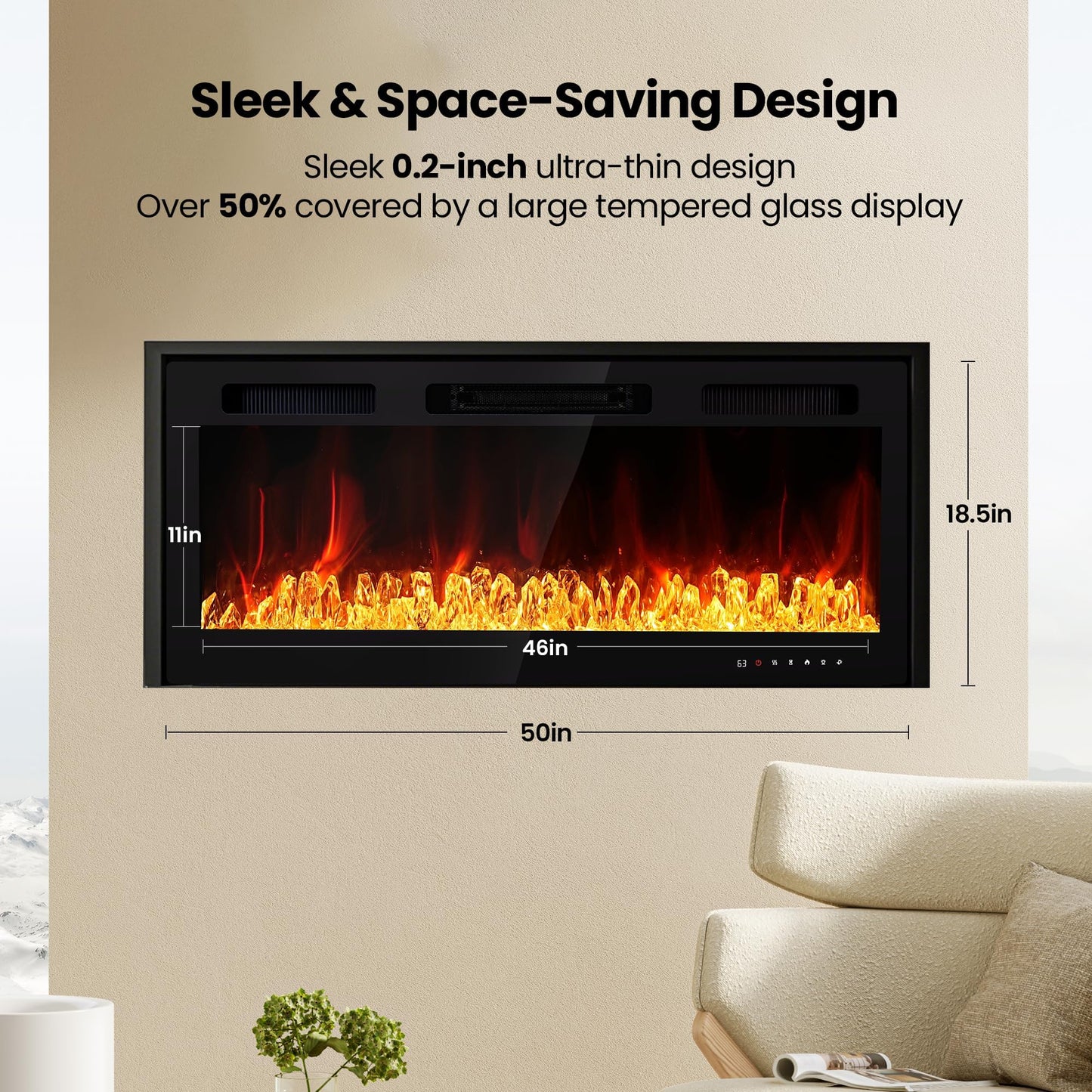 Electric Fireplace Wall Mounted 50 Inch Realsmart 750/1500W Insert Fireplaces Recessed Heaters Slim Black Fireplace Remote Control Touch Screen Timer 10 Flame Colors LED Decor Low Noise