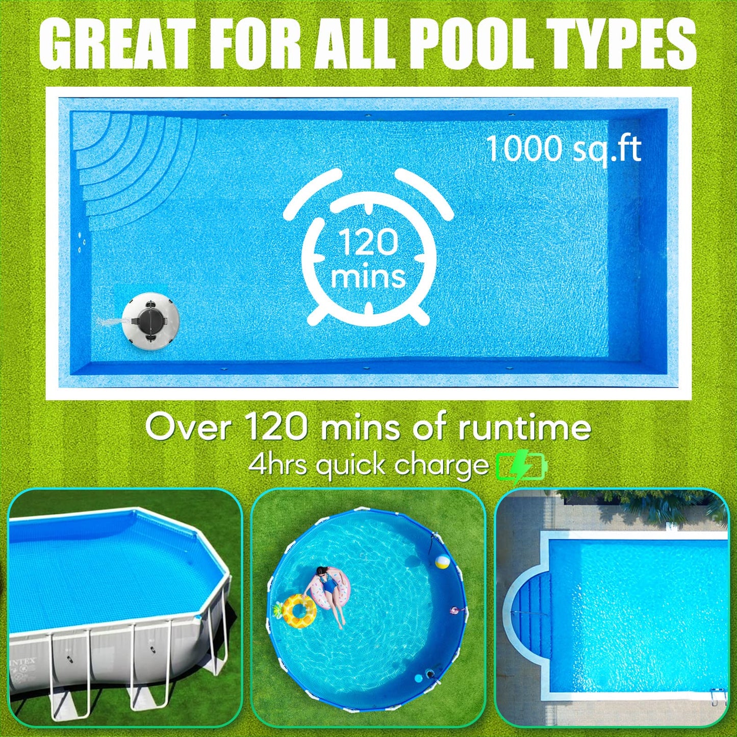 Cordless Pool Vacuum for Above Ground Pool, Robotic Pool Cleaner Automatic Vacuum Self-Parking Pool Robot for In-Ground Flat Pools Up to 1000 Sq.Ft (Lasts 120 Mins)