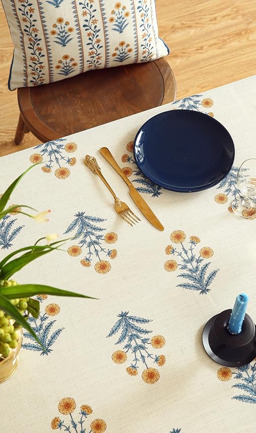 ISAENNE Designer French Pale Yellow Extra Long Rectangle Table Cloth,Linen Floral Tablecloth,Wrinkle Resistant Decor Tablecloths for Dining Thanksgiving Banquet Kitchen Party,63"*110"-Estevan A