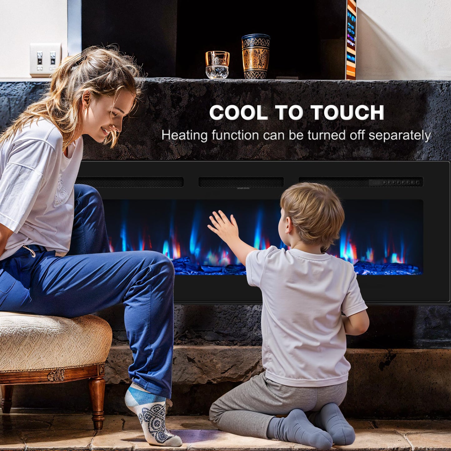 Manastin 50 inch Electric Fireplace in-Wall Recessed and Wall Mounted with Remote Control, 1500/750W Fireplace Heater (60-99ยฐF Thermostat) with 12 Adjustable Color, Timer, Log and Crystal