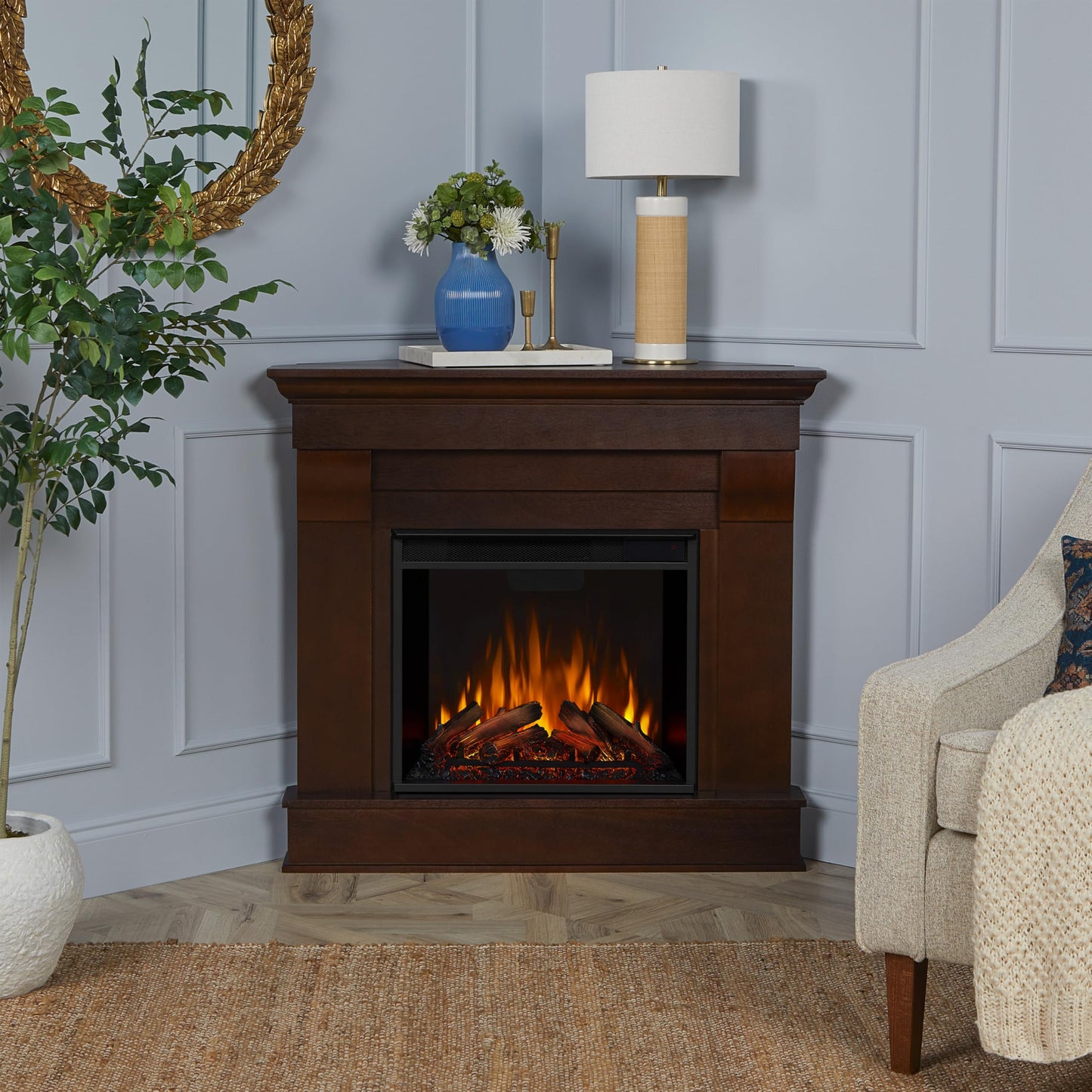 Real Flame Chateau 41" Corner Electric Fireplace with Mantel for Living Room or Bedroom, Replaceable Fireplace Insert Heater, Realistic Log and Flame Effect, Remote Control, Timer.
