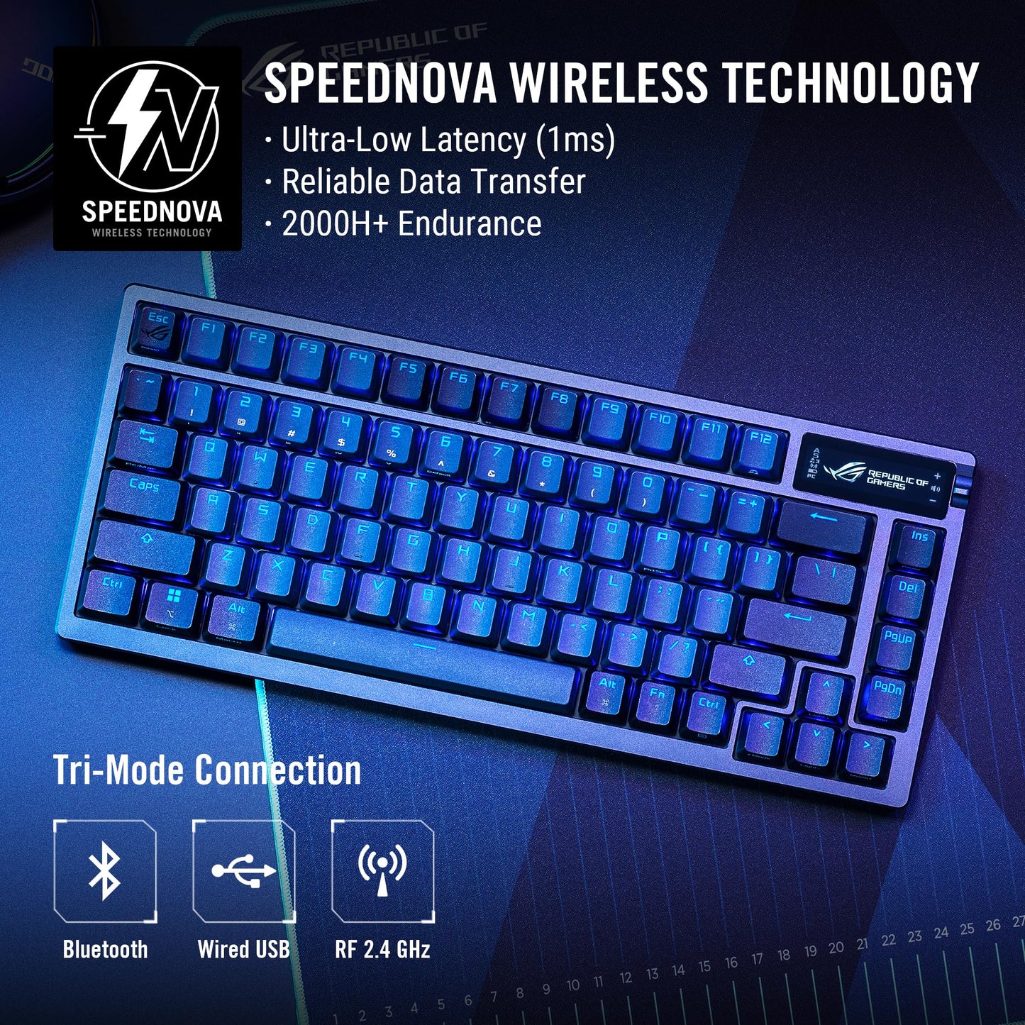 ASUS ROG Azoth 75% Wireless DIY Custom Gaming Keyboard, OLED Display, Gasket-Mount, Three-Layer Dampening, Hot-Swappable Pre-lubed NX Brown Switches & Keyboard Stabilizers, ABS Keycaps, RGB-Black