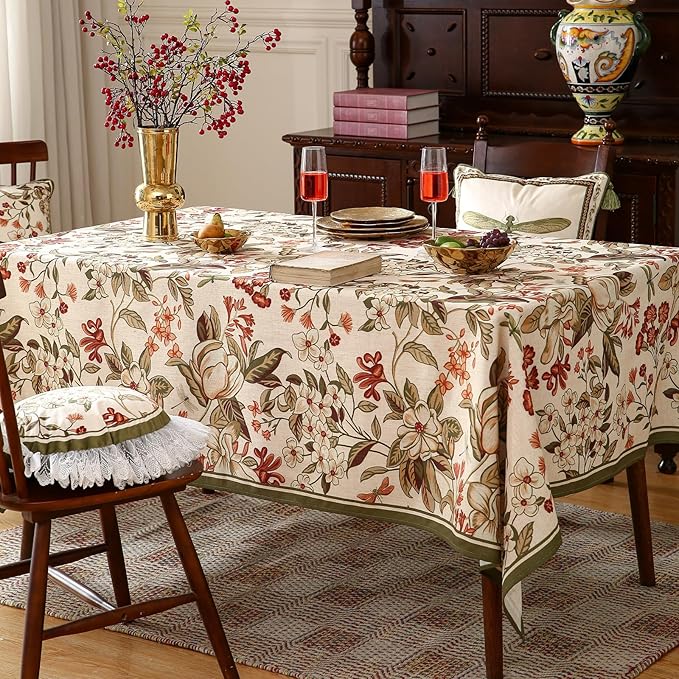 ISAENNE Designer Bohemian Linen Rectangular Tablecloth,Colorful Floral Pattern Table Cloth,Wrinkle Resistant Decorative Tablecloths for Dining Thanksgiving Kitchen Party,55"*87"-Grace A