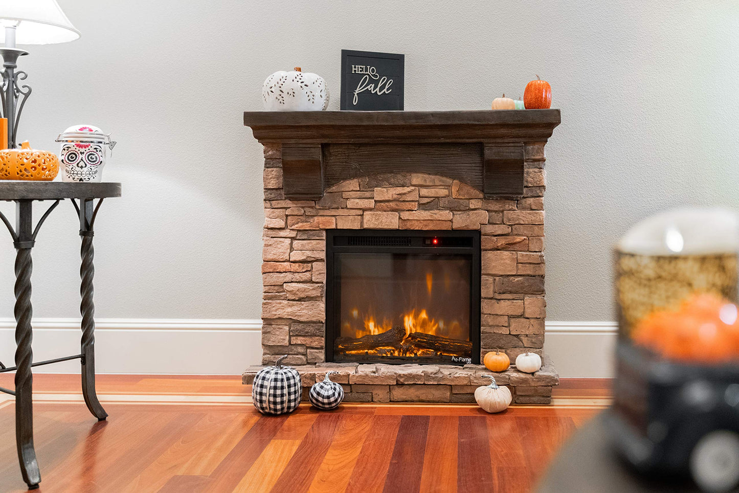 e-Flame USA Kodiak LED Electric Fireplace Stove - Faux Wood and Stone Mantel - Remote - 3D Log and Fire