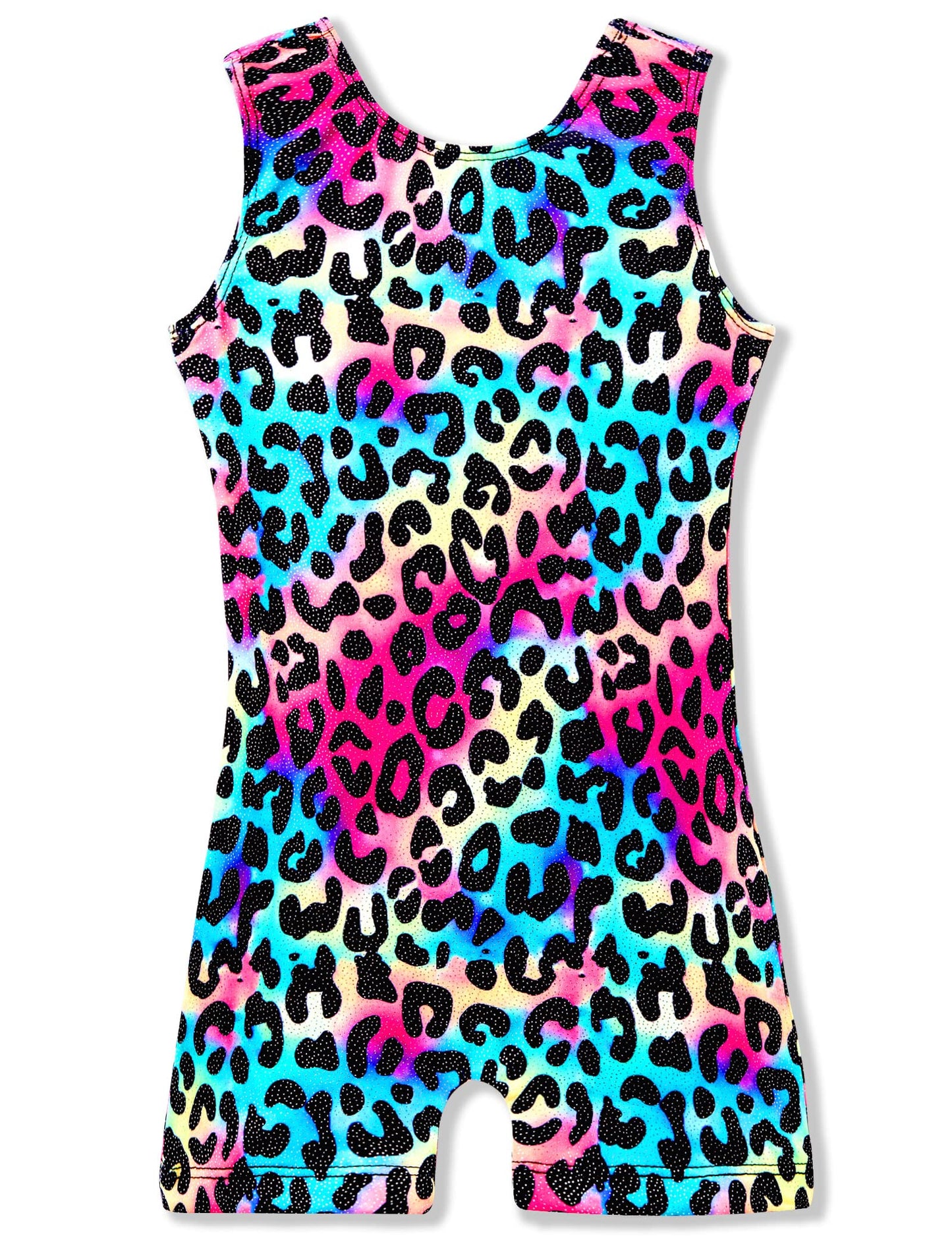 TENVDA Gymnastics Leotards for Girls 5-6 Years Old Shiny Multicolor Leopard Print Sleeveless Biketard Acro Class Unitard