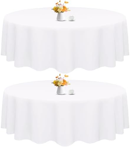 2 Pack 90 Inch White Round Tablecloth for Round Table Washable Reusable Outdoor Polyester Fabric Decorative Dining Table Cover for Buffet, Camping, Baby Shower, Party
