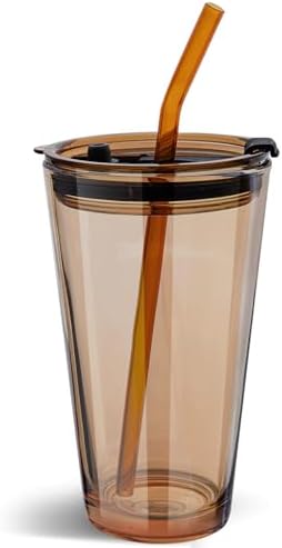 15oz Glass Tumbler with Straw and Lid, Cute Iced Coffee Cups, Aesthetic Glass Cups, Coffee Tumbler, Water Cup, Matcha Cup, Drinking Glasses (Amber)