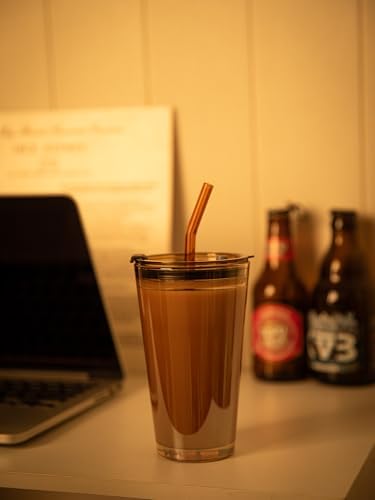 15oz Glass Tumbler with Straw and Lid, Cute Iced Coffee Cups, Aesthetic Glass Cups, Coffee Tumbler, Water Cup, Matcha Cup, Drinking Glasses (Amber)