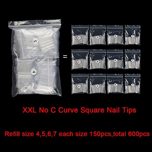 XXL No C Curve Nail Tips, SWETIDY 600Pcs Refill Size of 4,5,6,7 Clear Acrylic Nails Square Shape Nail Half Cover