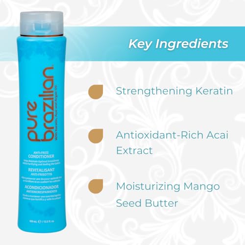 Pure Brazilian Anti-Frizz Daily Conditioner with Keratin & Acai, Smoothing & Strengthening for Shinier, Frizz-Free Hair, 13.5 Oz