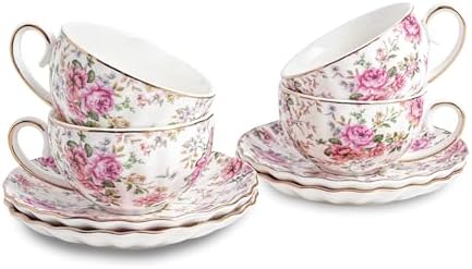 Tea Cup and Saucers, 6.4oz Floral Tea Cups with Gold Trim, Porcelain Bone China Teacup, Coffee Cappuccino Espresso Latte Mugs for Party Birthday,Party Cafe Home, Christmas Gift (White)