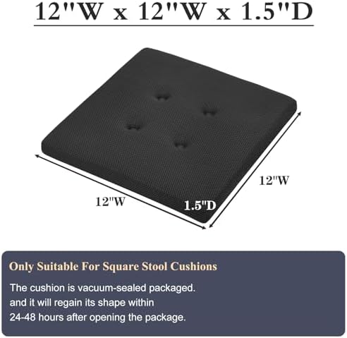 baibu 12 Inches Square Stool Cushions with Ties for Bar Stool, Breathable Square Chair Pads Seat Cushions with Non-Slip Bottom - One Pad Only (12", Black)