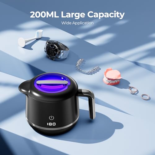 Ultrasonic Retainer Cleaner Machine - 45kHz Ultrasonic Jewelry Cleaner - 200ML Mouth Guard & Denture Cleaner Pod - 5 Modes with Digital Timer - Upgrade Water Bottle Design
