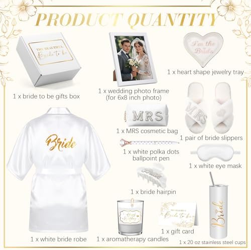 12 Pieces Bride To Be Gifts Set Bride Robe Slippers Hair Clip Cosmetic Bag Bride Gift Box Cup Photo Frame Jewelry Tray Pen Eye Mask Bride Gifts for Wedding Bachelorette Party Bridal Shower